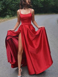 A-line Red Satin Spaghetti Straps Formal Fashion Evening Long Prom Dresses PD335