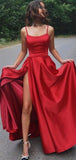A-line Red Satin Spaghetti Straps Formal Fashion Evening Long Prom Dresses PD335