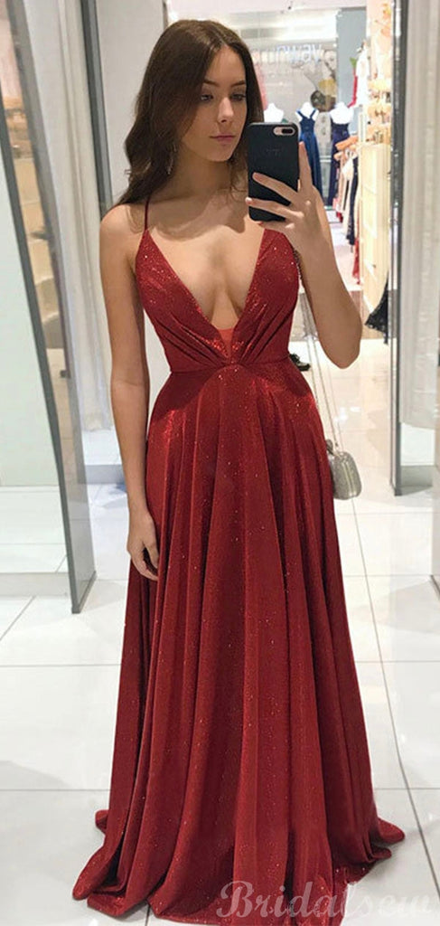 A-line Red Sequin Sparkly Spaghetti Straps Shinning Modest Evening Long Prom Dresses PD351
