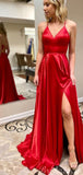 A-line Red Spaghetti Straps Simple Modest Long Evening Prom Dresses PD223