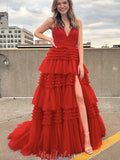 A-line Red Spaghetti Straps Tulle Princess Party Long Prom Dresses, Evening Dress PD408