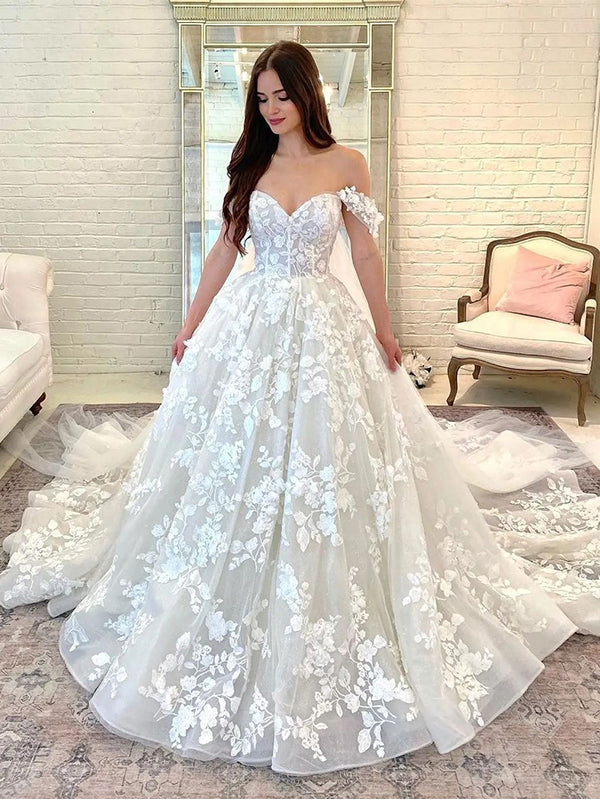 A-line Romantic Off-the-Shoulder Lace Long Wedding Dresses, Bridal Gowns WD106