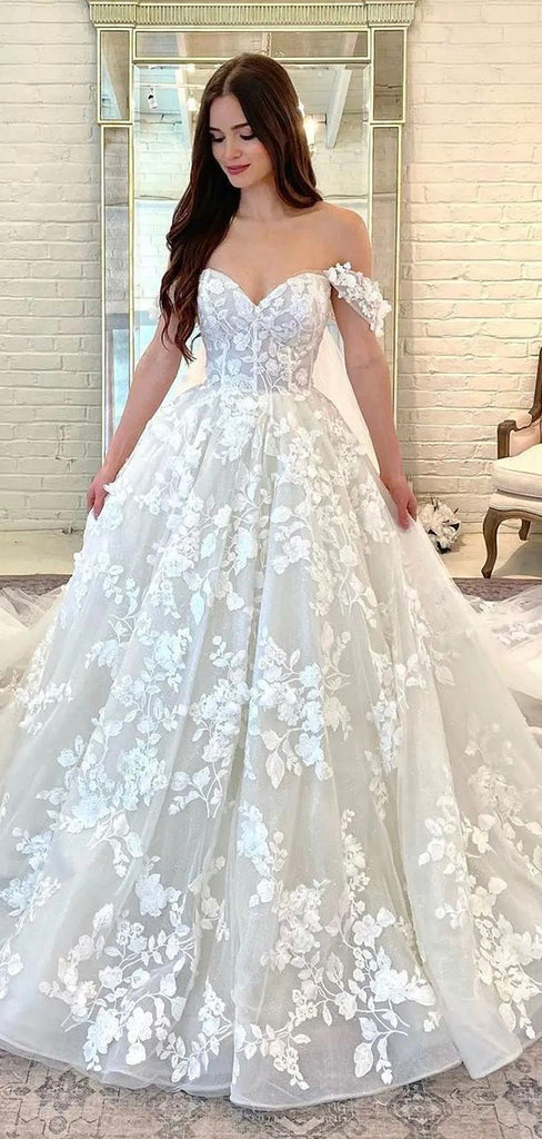 A-line Romantic Off-the-Shoulder Lace Long Wedding Dresses, Bridal Gowns WD106
