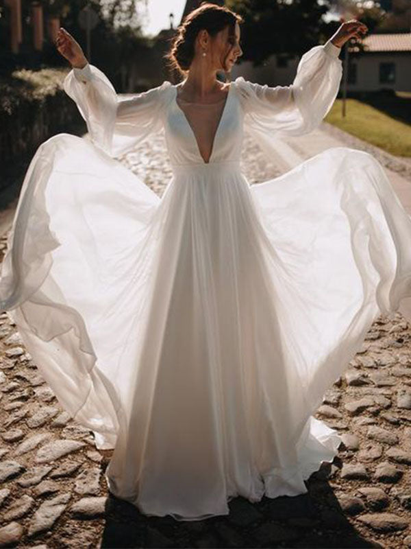 A-line Romantic Simple Long Sleeves Beach Wedding Dresses, Bridal Gowns WD093