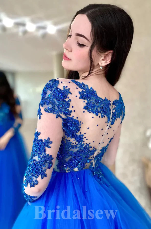A-line Royal Blue Lace Stylish Long Sleeves Elegant Long Women Evening Prom Dresses PD853