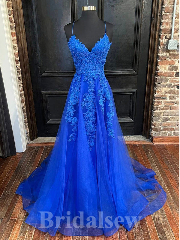A-line Royal Blue Lace Stylish Spaghetti Straps Long Women Evening Prom Dresses PD852