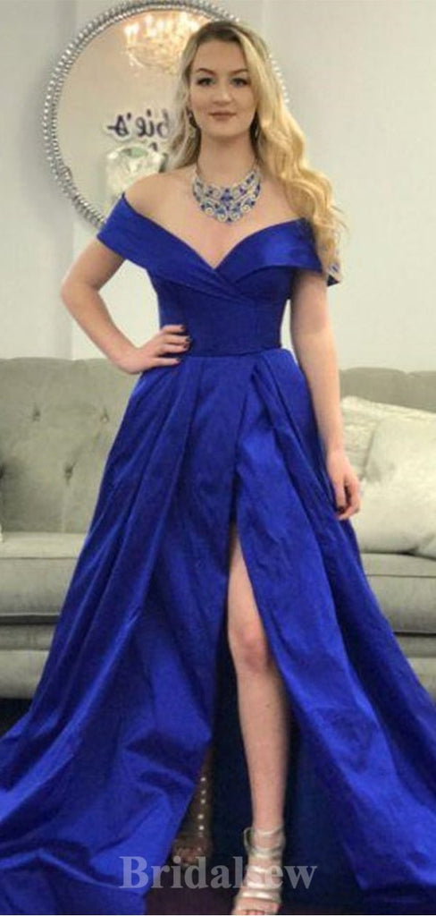 A-line Royal Blue Satin Off The Shoulder Elegant Modest Long Party Evening Prom Dresses PD1337
