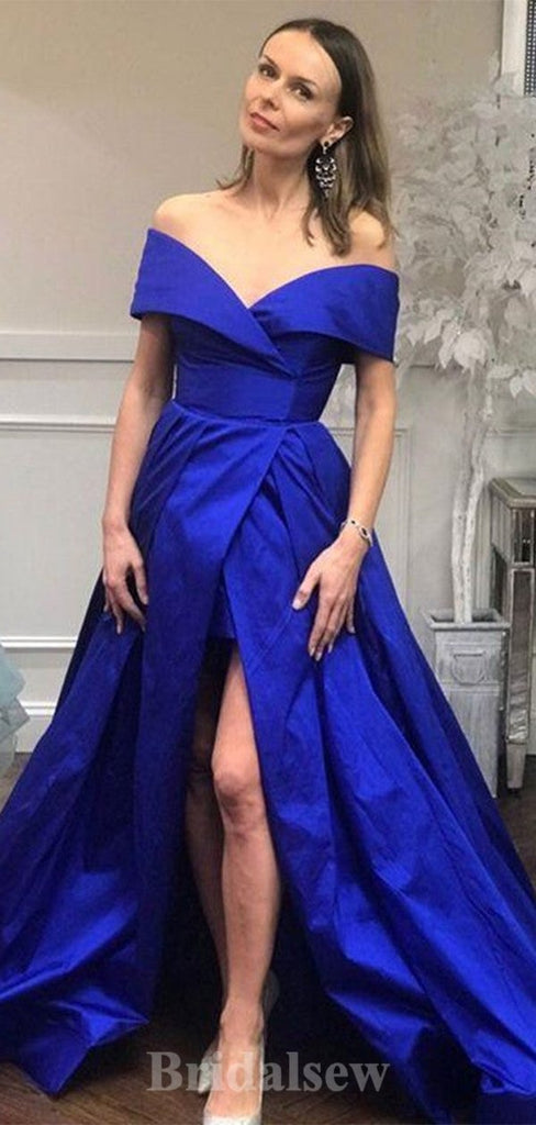 A-line Royal Blue Satin Off The Shoulder Elegant Modest Long Party Evening Prom Dresses PD1337