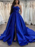 A-line Royal Blue Satin Unique Modest Hot Long Prom Dresses PD147