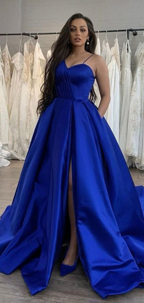 A-line Royal Blue Satin Unique Modest Hot Long Prom Dresses PD147