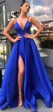 A-line Royal Blue Spaghetti Straps Satin Popular Party Long Prom Dresses, Evening Dress PD359