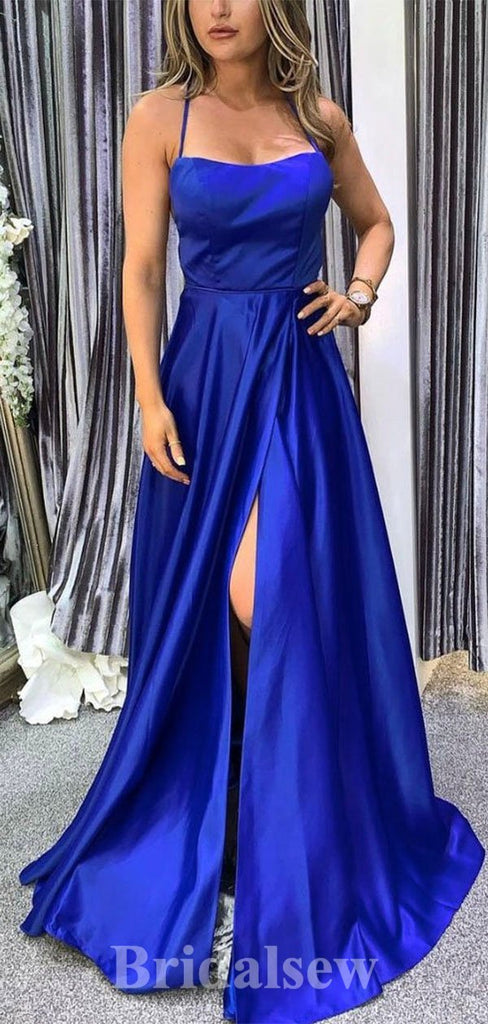 A-line Royal Blue Spaghetti Straps Simple Modest Elegant Long Evening Prom Dresses PD1208