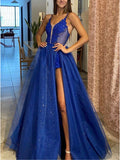 A-line Royal Blue Sparkly Unique Party Modest Formal Long Prom Dresses PD346