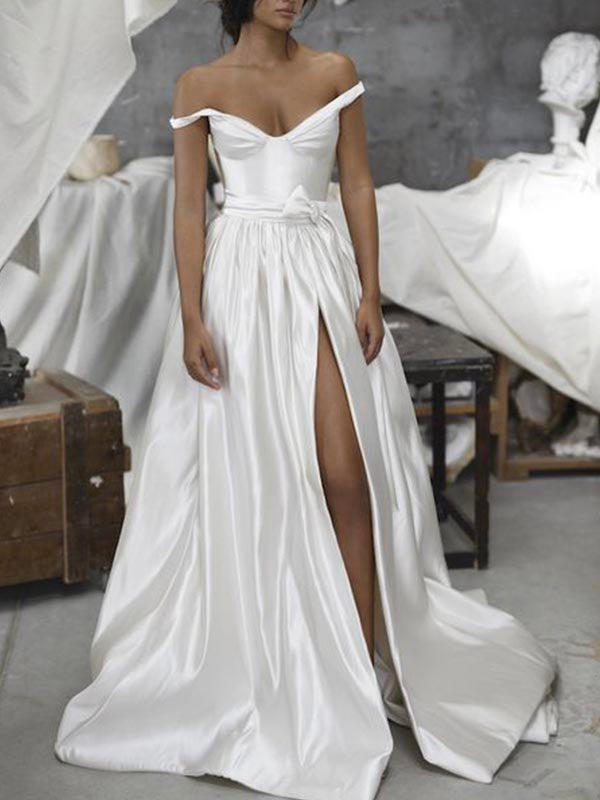 A-line Satin Custom Elegant Vintage Garden Beach Long Wedding Dresses WD204
