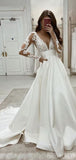 A-line Satin Long Sleeves V-Neck Popular Vintage Wedding Dresses WD038