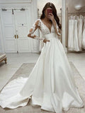A-line Satin Long Sleeves V-Neck Popular Vintage Wedding Dresses WD038