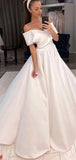 A-line Satin Off the Shoulder Simple Vintage Wedding Dresses, Bridal Gown WD083