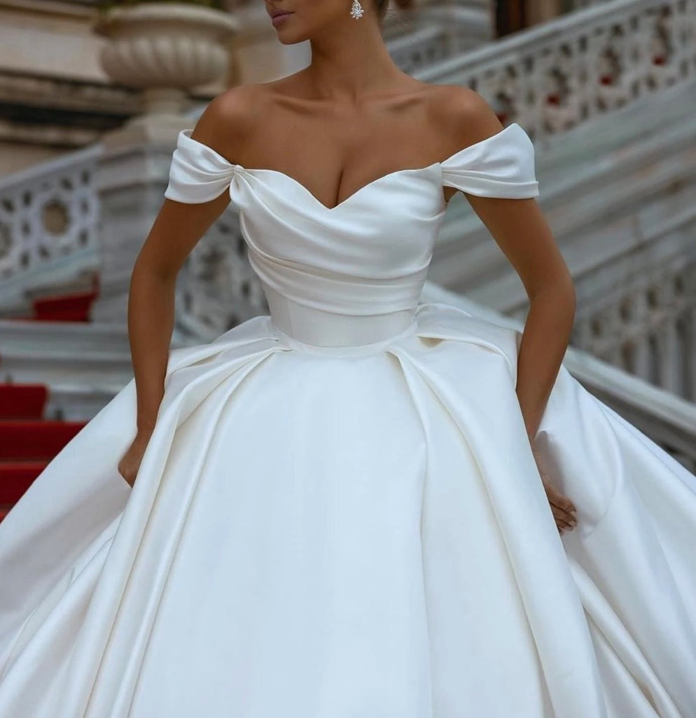 A-line Satin Off the Shoulder Vintage Gorgeous Beach Long Wedding Dresses, Bridal Gown WD269