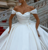 A-line Satin Off the Shoulder Vintage Gorgeous Beach Long Wedding Dresses, Bridal Gown WD269