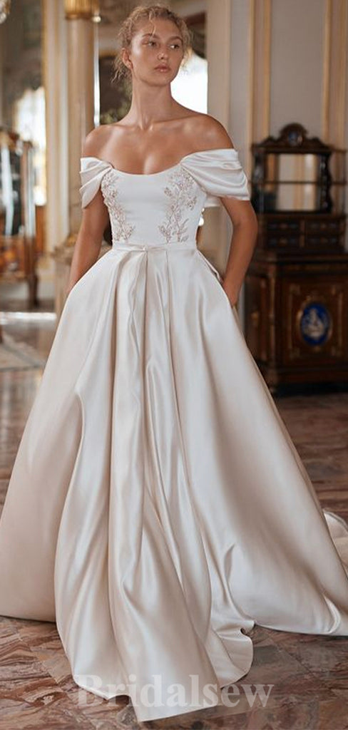 A-line Satin Elegant Popular Off the Shoulder Vintage Dream Beach Long Wedding Dresses, Bridal Gown WD471