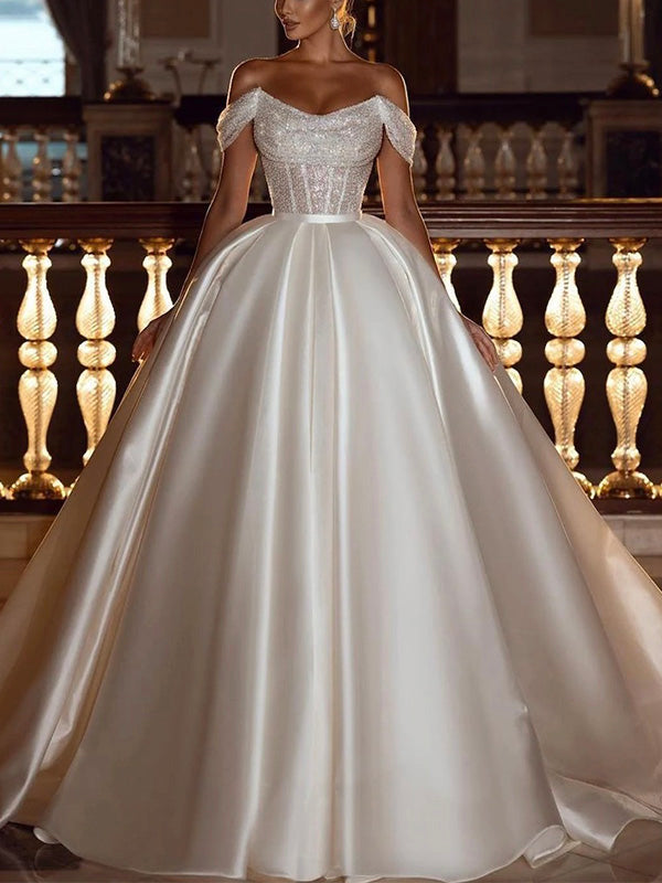 A-line Satin Sequin Sparkly Unique Dream Vintage Gorgeous Beach Long Wedding Dresses, Bridal Gown WD270