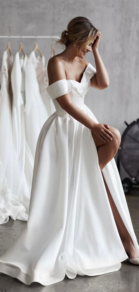 A-line Satin Side Slit Elegant Gorgeous Vintage Wedding Dresses WD055 –  bridalsew