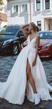 A-line Satin Side Slit Vintage Long Wedding Dresses, Bridal Gown WD066