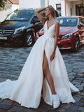 A-line Satin Side Slit Vintage Long Wedding Dresses, Bridal Gown WD066