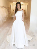 A-line Satin Simple Best Vintage Long Romantic Sleeveless Glitter Wedding Dresses WD412