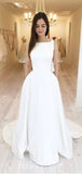A-line Satin Simple Best Vintage Long Romantic Sleeveless Glitter Wedding Dresses WD412
