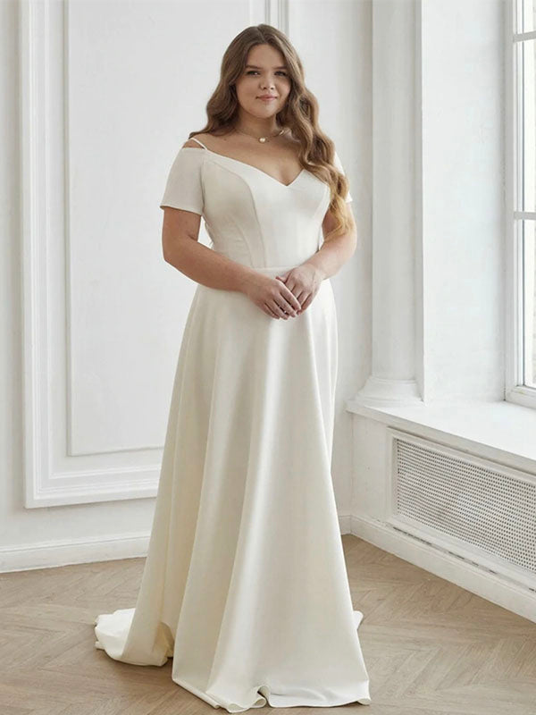 A-line Satin Simple Elegant Plus Size Long Wedding Dresses, Bridal Gown WD167
