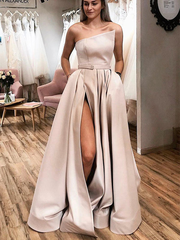 A-line Satin Simple Modest Party Elegant Long Prom Dresses with Slit PD314
