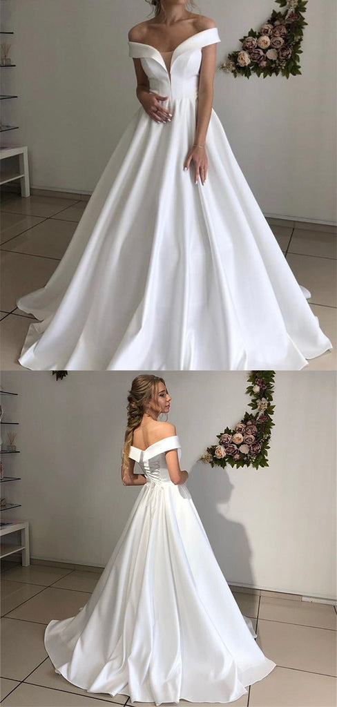 A-line Satin Simple Popular Beach Long Wedding Dresses, Bridal Gown WD084