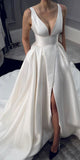 A-line Satin Simple V-Neck Elegant Vintage Elegant Beach Long Wedding Dresses WD268