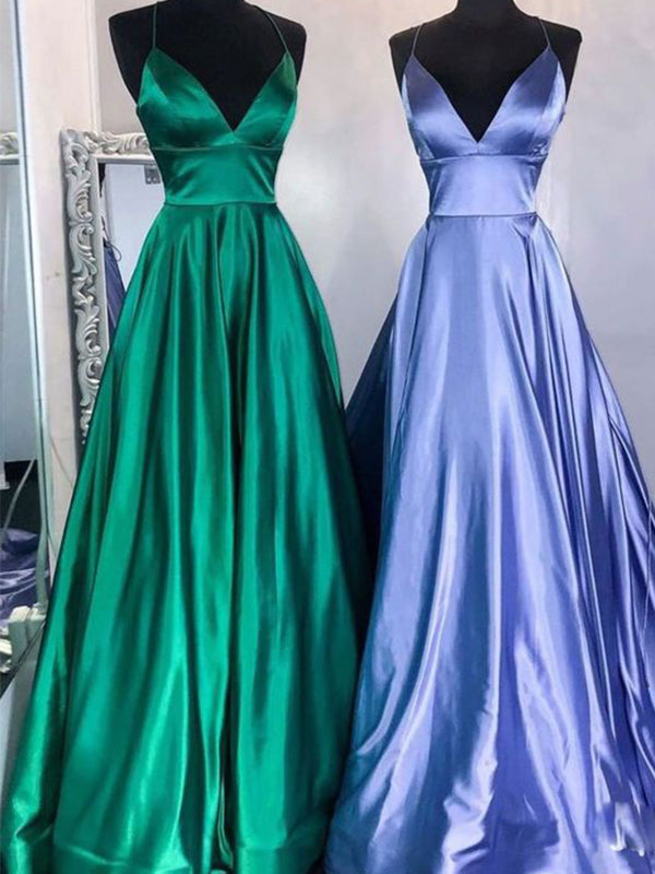 A-line Satin Spaghetti Straps Blue Green Long Prom Dresses PD134