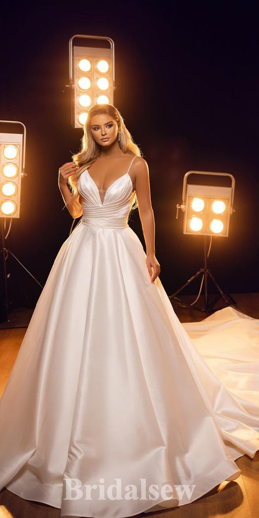 A-line Satin Spaghetti Straps Princess Vintage Dream Beach Long Wedding Dresses, Bridal Gown WD484