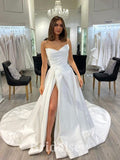 A-line Satin Strapless Elegant Vintage Dream Beach Long Wedding Dresses, Bridal Gown WD481
