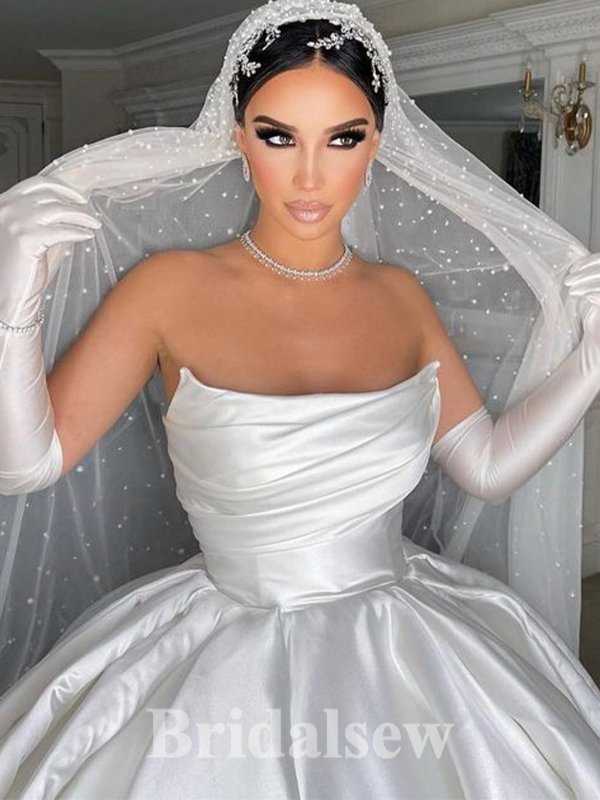 A-line Satin Strapless Gorgeous Vintage Dream Beach Long Wedding Dresses, Bridal Gown WD482