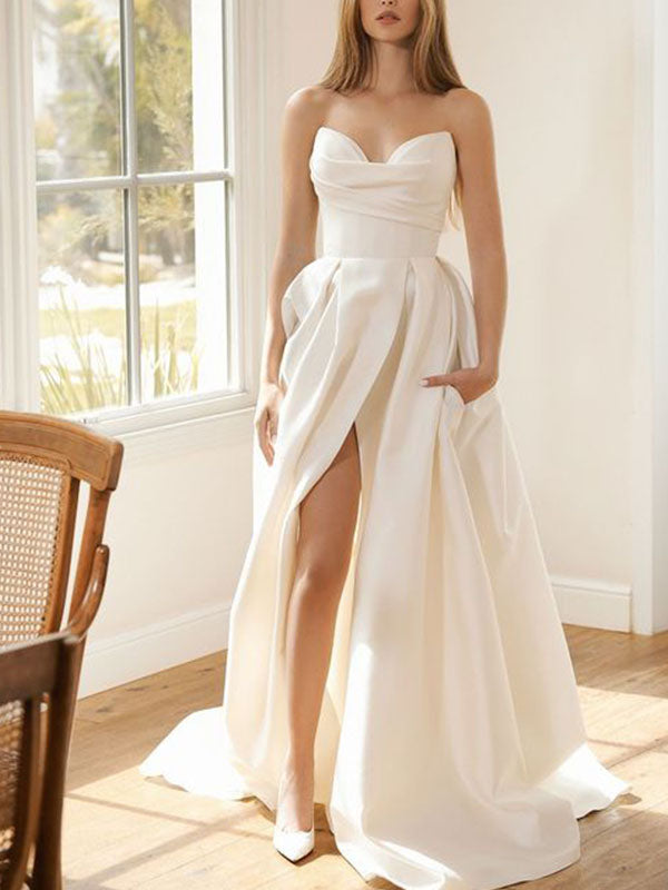 A-line Satin Strapless Popular Modest Beach Wedding Dresses
