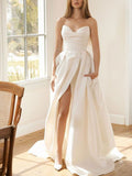 A-line Satin Strapless Popular Modest Beach Wedding Dresses, Bridal Gowns WD103