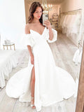 A-line Satin V-Neck Best Vintage Luxurious Long Romantic Glitter Wedding Dresses WD415