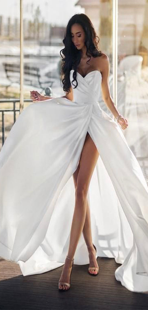 A-line Satin Vintage Simple Beach Long Wedding Dresses WD068