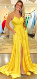 A-line Satin Yellow Spaghetti Straps Simple Elegant Modest Long Party Evening Prom Dresses PD1309