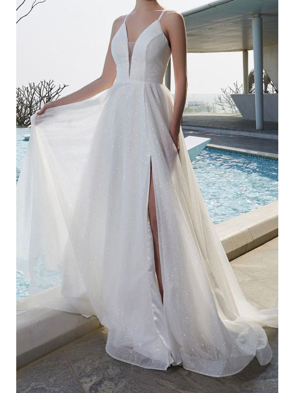 A-line Sequin Stunning Garden Vintage Elegant Beach Long Wedding Dresses WD261