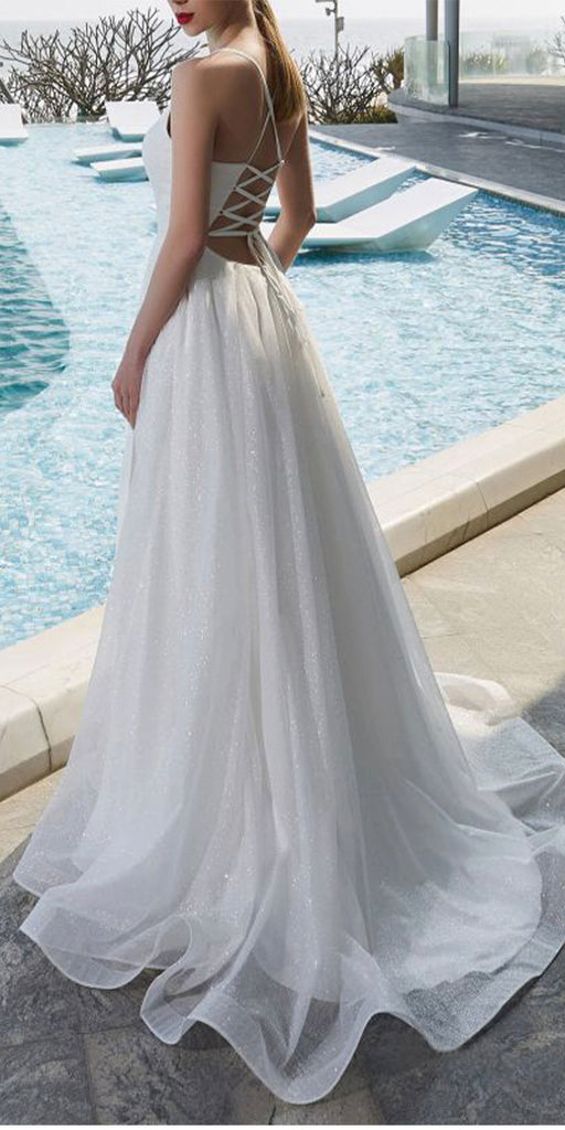 A-line Sequin Stunning Garden Vintage Elegant Beach Long Wedding Dresses WD261