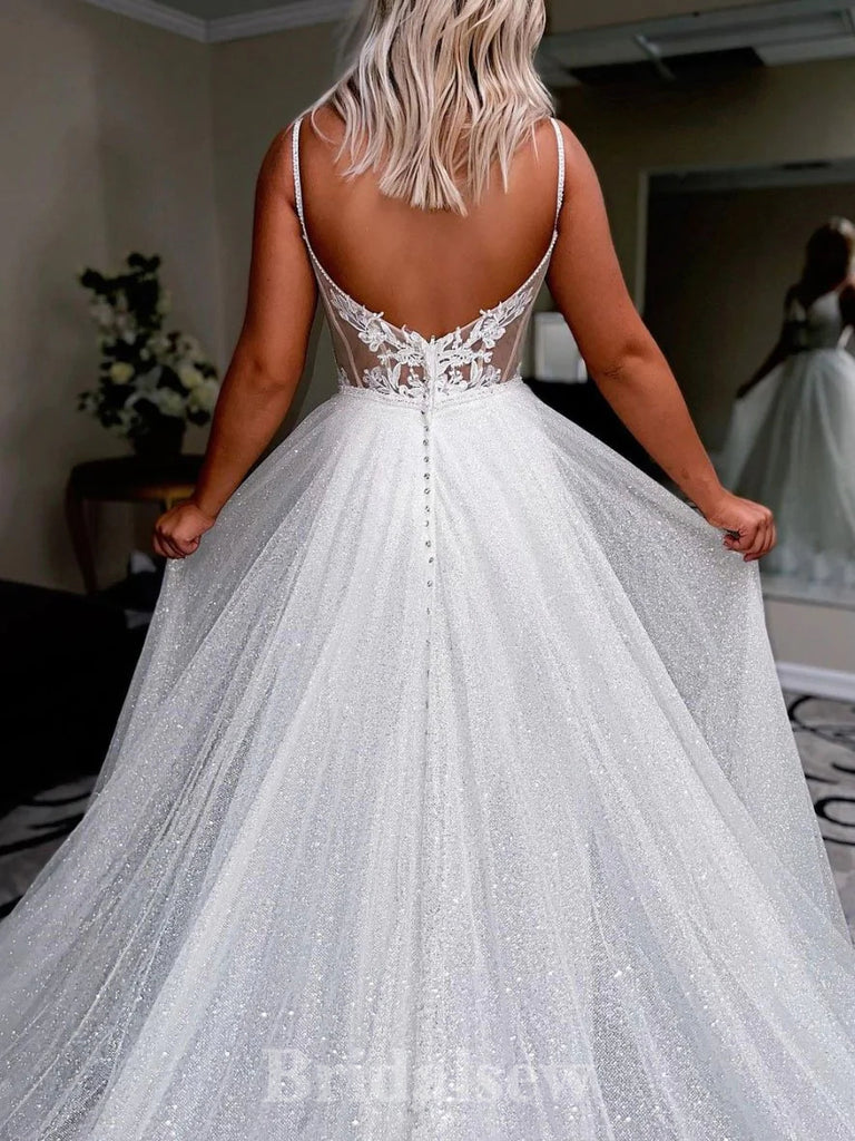 A-line Shiny Stunning Straps Princess Classy Fairy Beach Vintage Long Wedding Dresses WD338