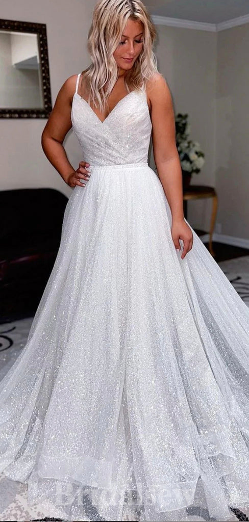 A-line Shiny Stunning Straps Princess Classy Fairy Beach Vintage Long Wedding Dresses WD338