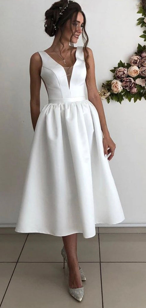 A-line Short Unique Beach Satin Sleeveless Custom Wedding Dresses WD102