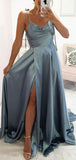 A-line Simple Dusty Blue Black Girls Slay Elegant Evening Modest Long Prom Dresses PD483