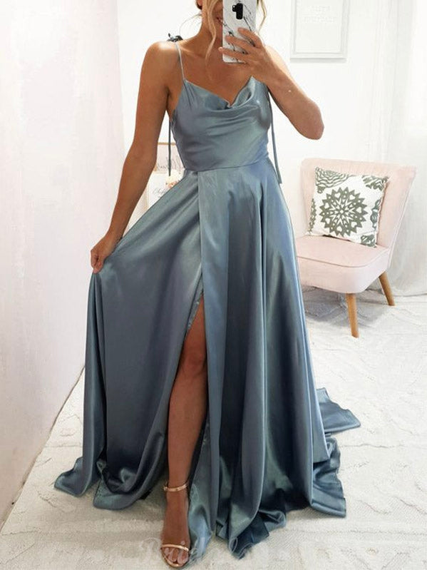 A-line Simple Dusty Blue Black Girls Slay Elegant Evening Modest Long Prom Dresses PD483